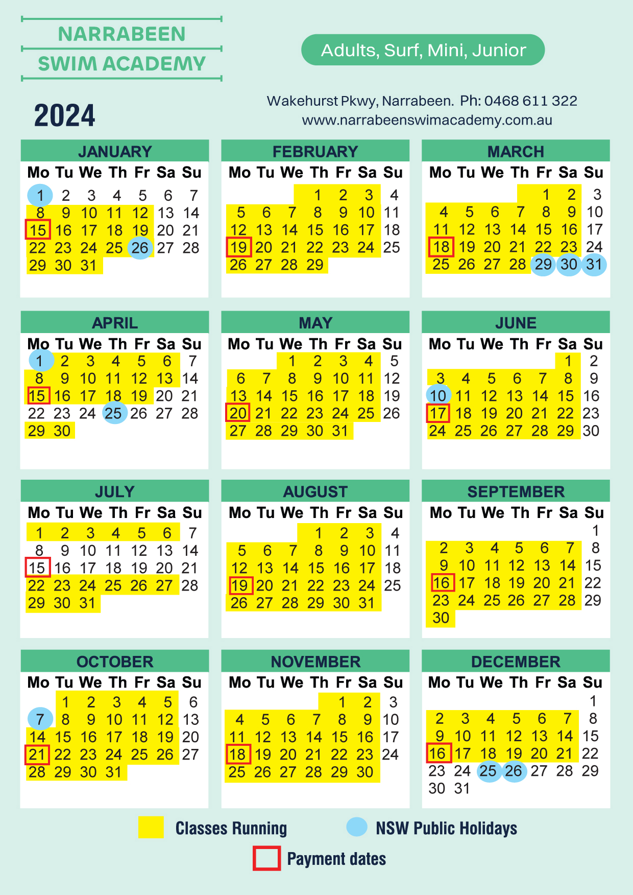 Adults, Juniors, Minis 
2024 calendar